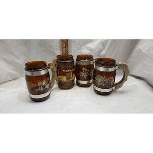 Vintage Set of‎ 3 Siesta Ware Amber Glass Mugs  + 1 Wood Handle Cowboy Barrel